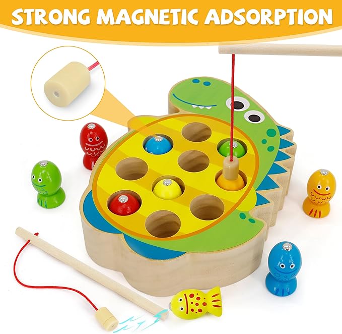 Wooden Magnetic Fishing Game, Dinosaur Magnetic Fishing Toy for Kids 3-5, Montessori Preschool Education Learning Color Sorting Fine Motor Skill for Toddlers