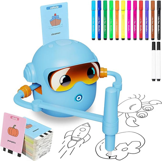 Drawing Robot for Kids, with 100 Word Cards, 12 Color Pens, Voice Interactive Educational Drawing Machine, Montessori Painting Learning Toys for 3 4 5 6 7 8 Year Old Boys Girls Birthday Party (Blue)