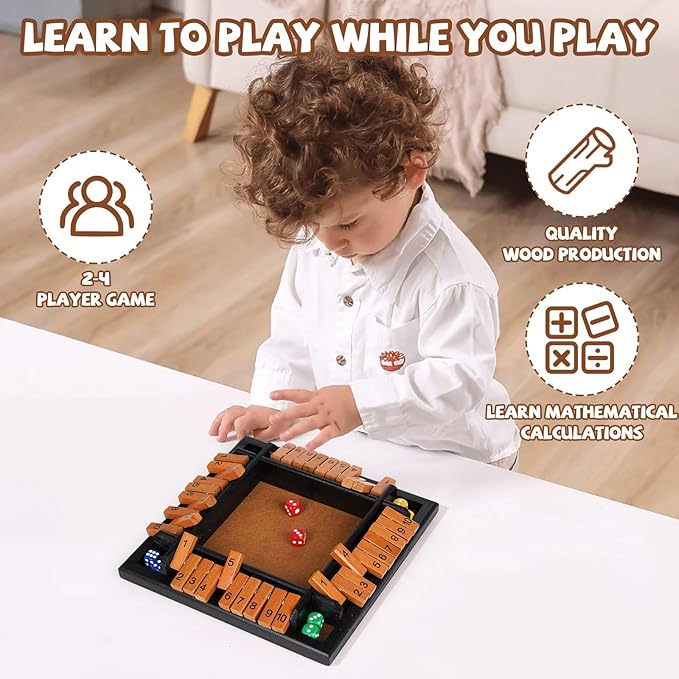 Shut The Box Dice Game, 1-4 Players Wooden Family Board Math Game with 12 Dice ,Pub Strategy Dice Game for Adults Classic Tabletop Educational Game for Family, Classroom, Home