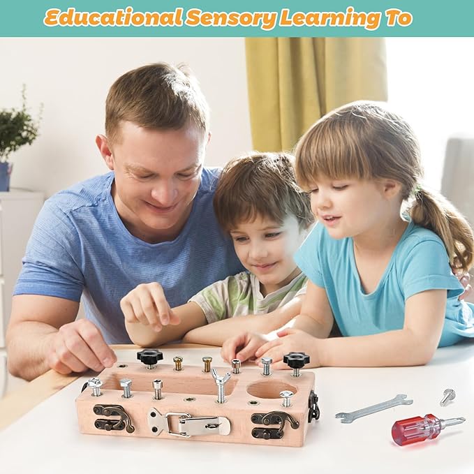 Wooderma Montessori Toys for 3 4 5 Year Old with Lock and Key, Wooden Sensory Toddler Screwd Tool Set, Montessori Screwdriver Board Set, Fine Motor Skills Toys for Educational Preschool Gift for Boys