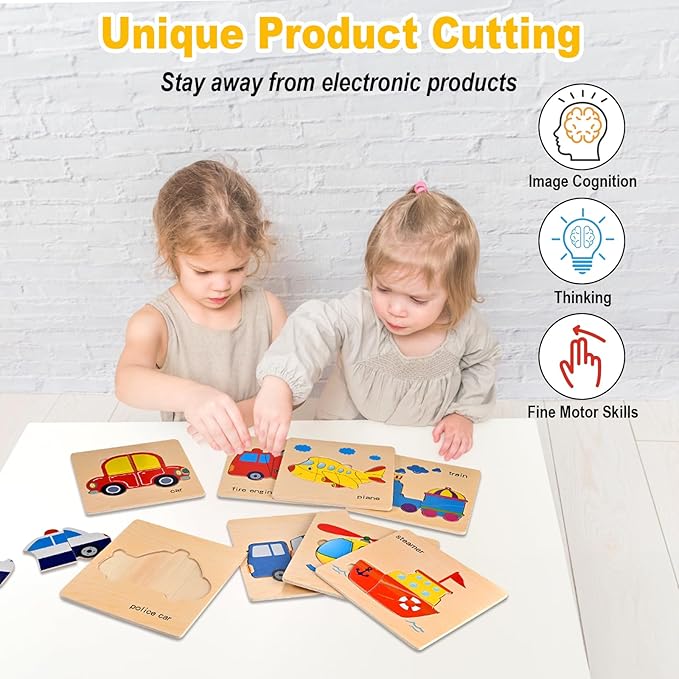 Wooden Puzzles for Toddlers 1-3, Toddler Puzzles Ages 2-4, Montessori Toys for 1-3+ Year Old Learning Educational Preschool Toys for Boys Girls (Vehicle Theme)