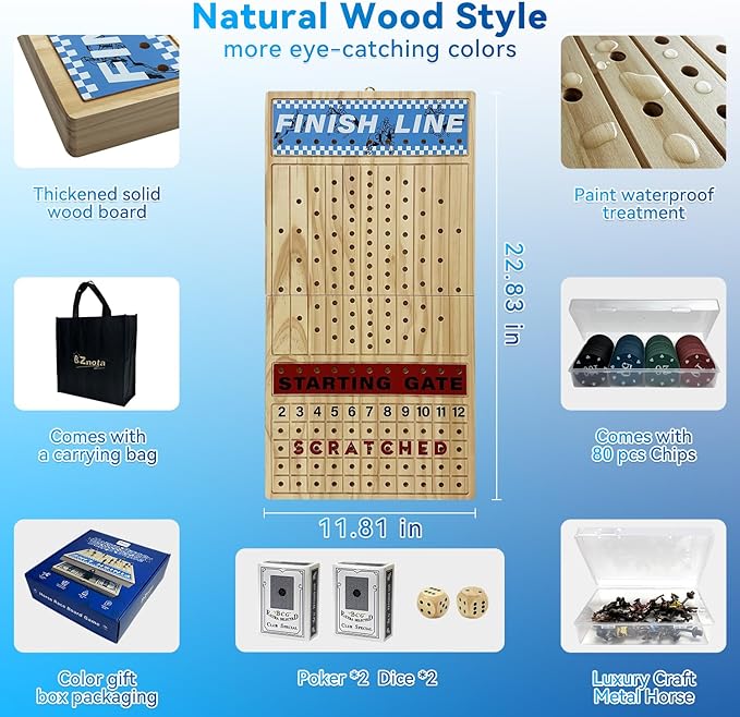 Large 23 inches Horse Racing Board Game with 11 Luxury Metal Numbered Horses, Foldable Wood Horse Race Board Game with 2 Sets of Dice, 2 Boxes of Cards, 80pc Poker Chips for Parties and Gambling