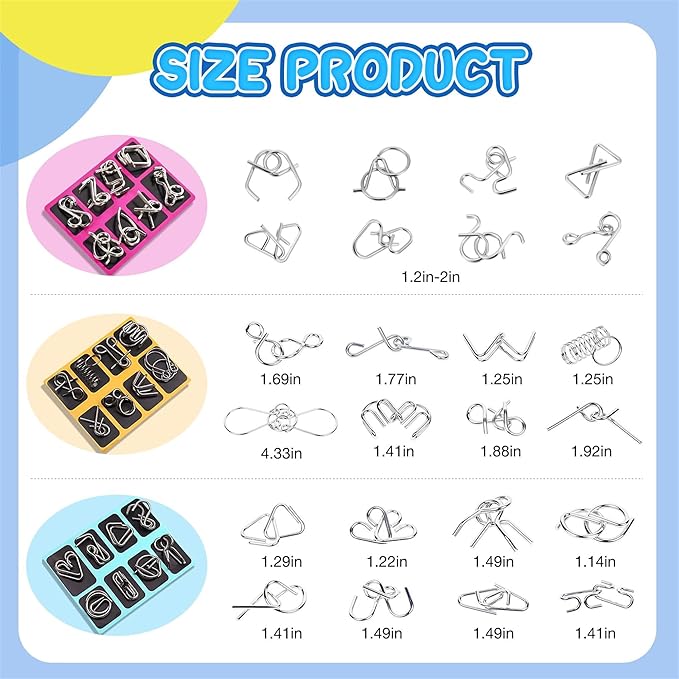 Metal Wire Puzzle Set,Brain Teaser Metals Puzzle ,Chinese Ring Magic Trick Toy for Party Favor Kids 7-14 and Adults Challenge (A(Metal))
