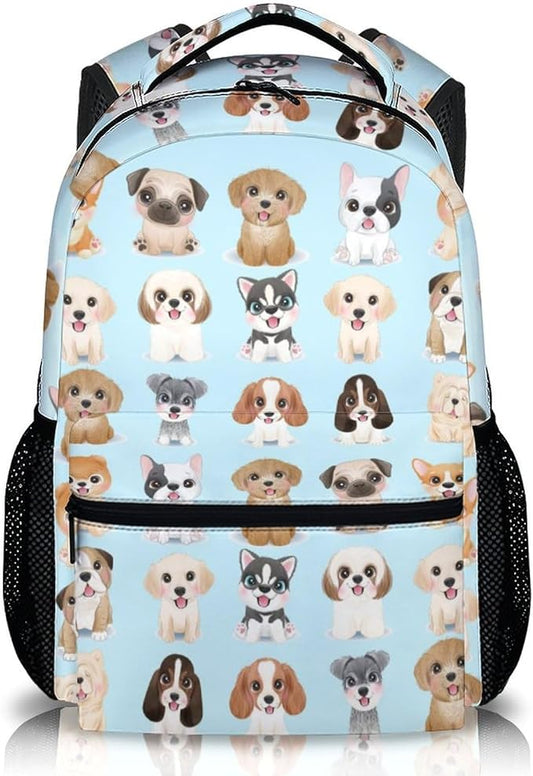 Dog Backpacks for Kids, Large Capacity Backpack for School, Cute Blue Doggy Print Lightweight Bookbag for Boys & Girls