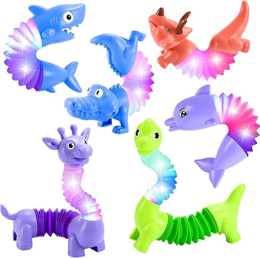 Animals Fidget Toys for Toddlers: 6 Pack LED Animal Pop Tubes for Kids 3 4 5 6 7 8 Year Old Girls Boys Halloween Birthday Gifts Autism Sensory Toy for Kid Age 3-8 Tube Light Up Party Favors