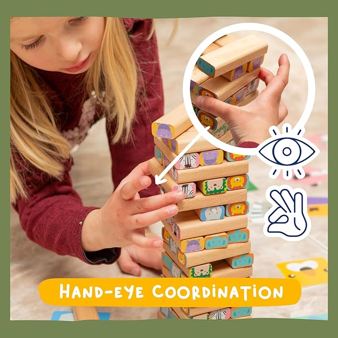 Nene Toys Wooden Block Stacking Game β 4-in-1 Tumble Tower Family Board Game with Building Blocks, Cards and Dice β African Safari Educational Wooden Toy for Kids 3-9 Years Old About Animals