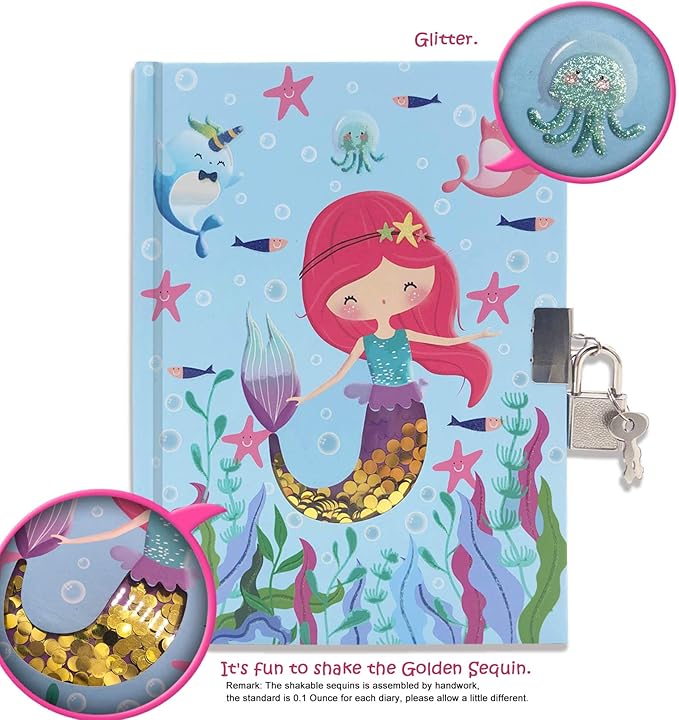 GINMLYDA Girls Diary with Lock for Kids, Mermaid Diaries 7.1x5.3 160 Pages Cute Girl Journal Secret Notebook with Lock and Key for Little Kid Writing Drawing Gift for Pre school Age 6,8,12