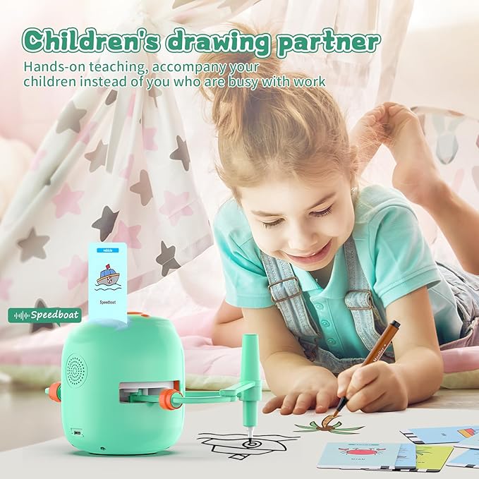 Interactive Educational Drawing Robot for Kids - Montessori Learning Toy with 100 Word Cards, Voice Interaction, Ages 5+ (Green)