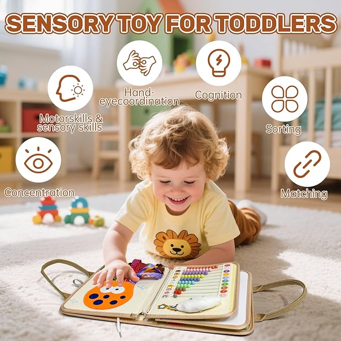 Busy Board Montessori Toys for Toddlers Birthday Gifts, Montessori Busy Book Sensory Board Educational Activity Book for Learning Fine Motor Skills, Airplane Travel Toys for Boy & Girl