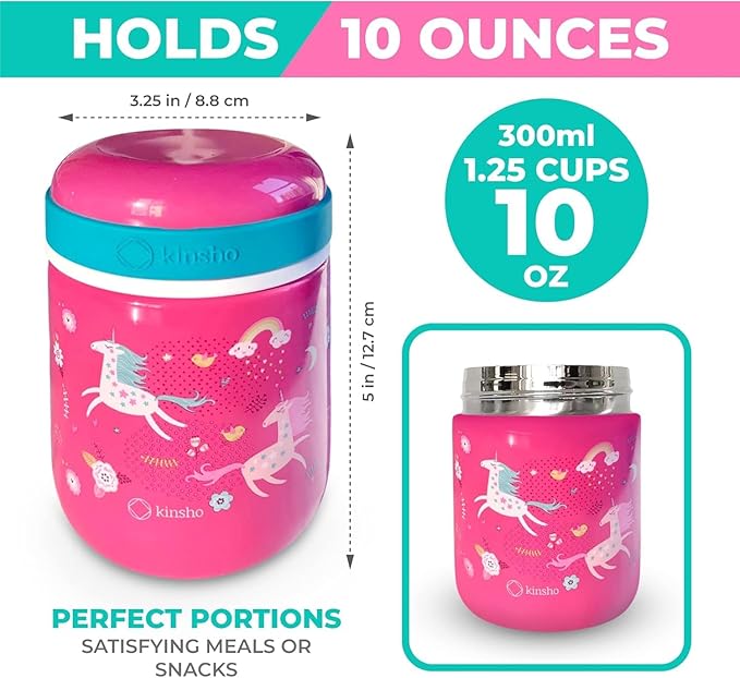 Bento Box with Lunch Bag, Insulated Stainless Steel Thermo for Hot-Cold Food or Soup, Ice Pack Set for Kids Girls Toddlers Snacks for Daycare, Ages 3 to 7, Pink Unicorn