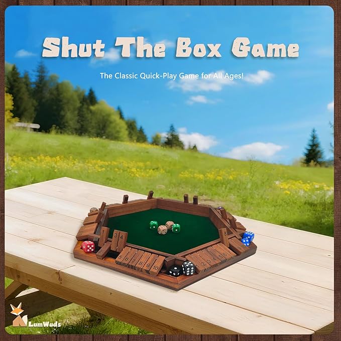 Shut The Box Game Wooden Board Game for 1-6 Players with 16 Dice, Dice Game for Adults & Kids at Home, Classroom or Parties
