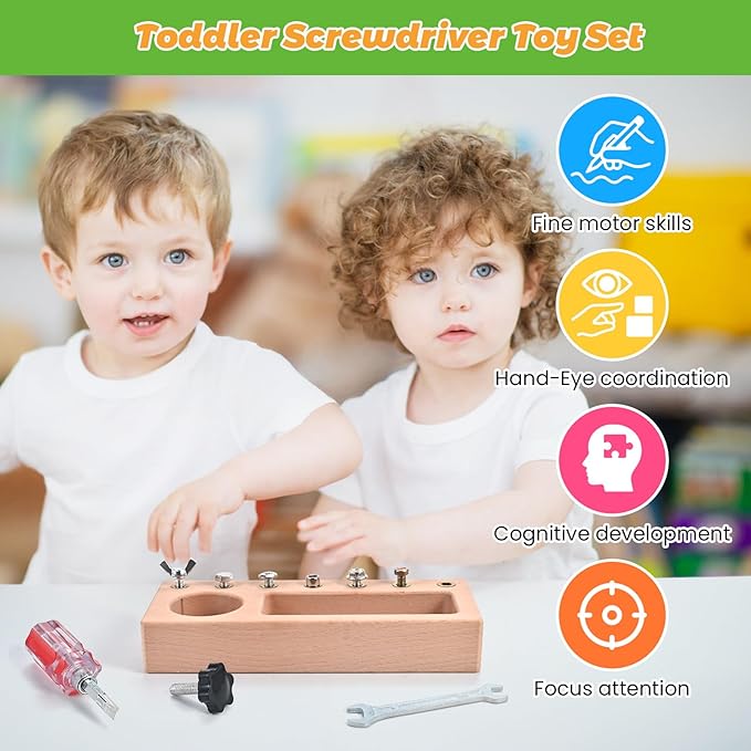 Wooderma Montessori Screwdriver Board Set, Wooden Montessori Toys for 3 4 5 Year Old, Toddler Screwdriver Toy, Kids Tool Set, Preschool Learning Sensory Toy, Fine Motor Skills Toys