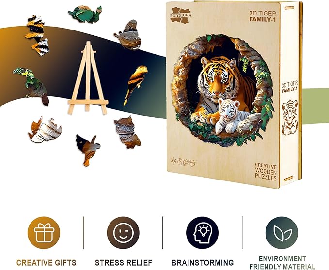 Wooden Puzzles for Adults - Unique Animal Shaped Tiger Family Puzzle, 3D Vision Wooden Jigsaw Puzzle, Christmas Birthday Gifts for Friends/Family, Home Decor 11.4 * 11.4in 200pcs
