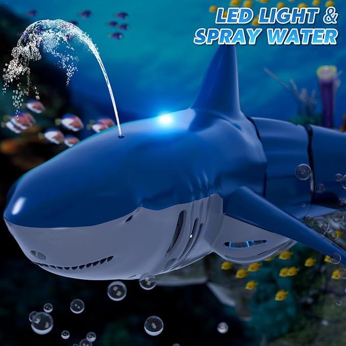 Remote Control Shark Toys for Boys Kids, 1:18 Scale High Simulation Shark for Pool, 2.4Ghz Electric RC Fish Boat Toys with Light & Spray, Toy Sharks Gifts for 6 7 8 9 Year olds Kid Boys Girls