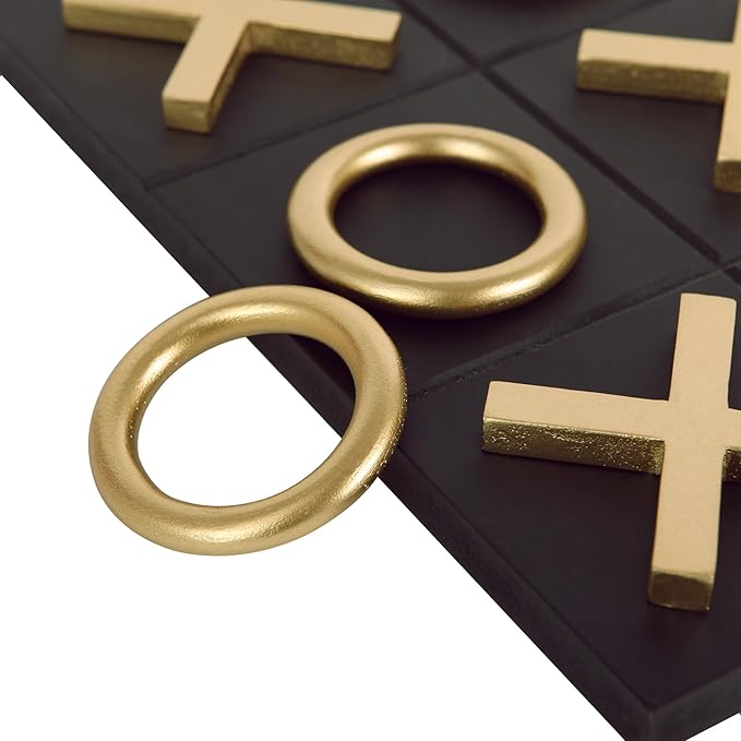 NIKKY HOME 12x12 Inch Tic Tac Toe Wood Game Board Classic Coffee Table Decor Modern Wooden Travel Game for Family, Black & Gold