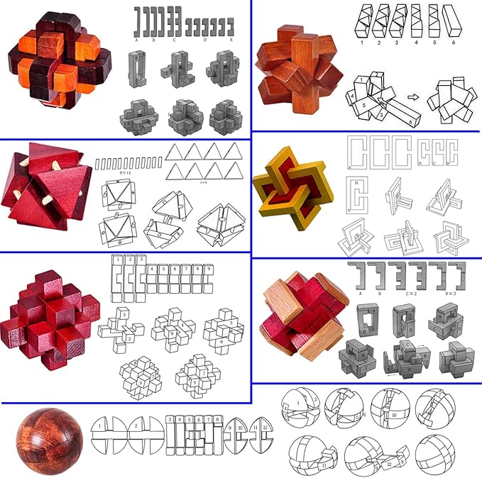 18 Pack Wooden Brain Teaser Puzzles Wooden Burr Puzzles Brain Teaser Puzzle with Gift Packing Box Magic Puzzle Games Toys for Kids and Adults by AHYUAN (Classical Wood)