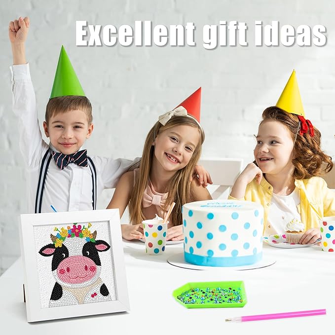 geesfayan Diamond Art Kits for Kids Ages 8-12,6 Inch DIY Gem Art Painting with 7 Inch Frame, Complete Starter Kit for Beginners, Creative Arts & Crafts Gift for Girls & Boys (Cartoon Calf)