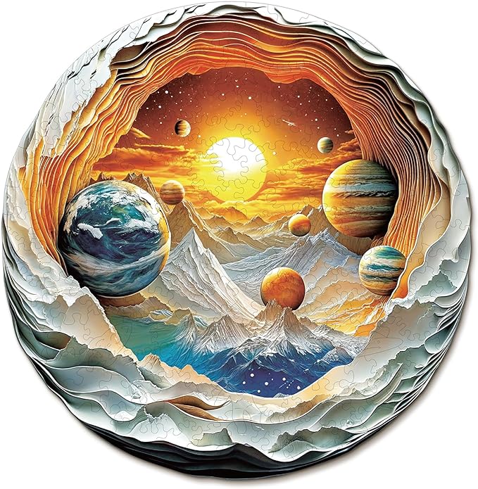 Wooden Puzzles for Adults 192 Pices, 3D Solar System Planet Wooden Jigsaw Puzzle, Flat Puzzels with 3D Visual Effect, Solar System Planet Irregular Jigsaw Puzzles, Finished Puzzle Size is 11 x 10.8in