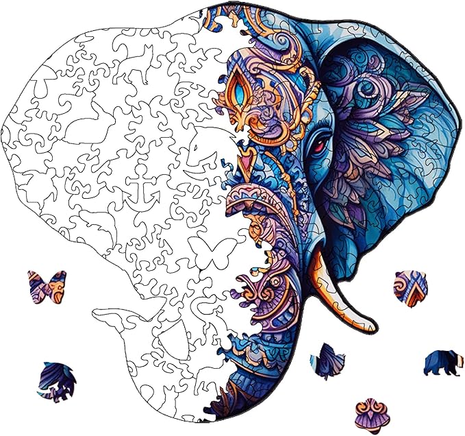 Wooden Puzzles for Adults, Elephant Wooden Jigsaw Puzzle, Unique Animal Shaped Puzzles, Premium Box Wood Cut Puzzles for Teens, Best Family Ideas (M-7.1 * 7.5in-84pcs)