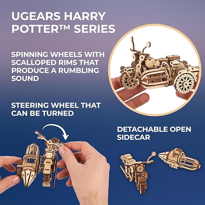 UGEARS Hagrid's Flying Motorbike™ 3D Puzzle - Wooden Model Kit for Adults to Build - Mechanical Bike Motorcycle Making Kit - 3D Jigsaw Puzzle Wood Vehicle - Harry Potter™ Collection DIY Brain Teaser