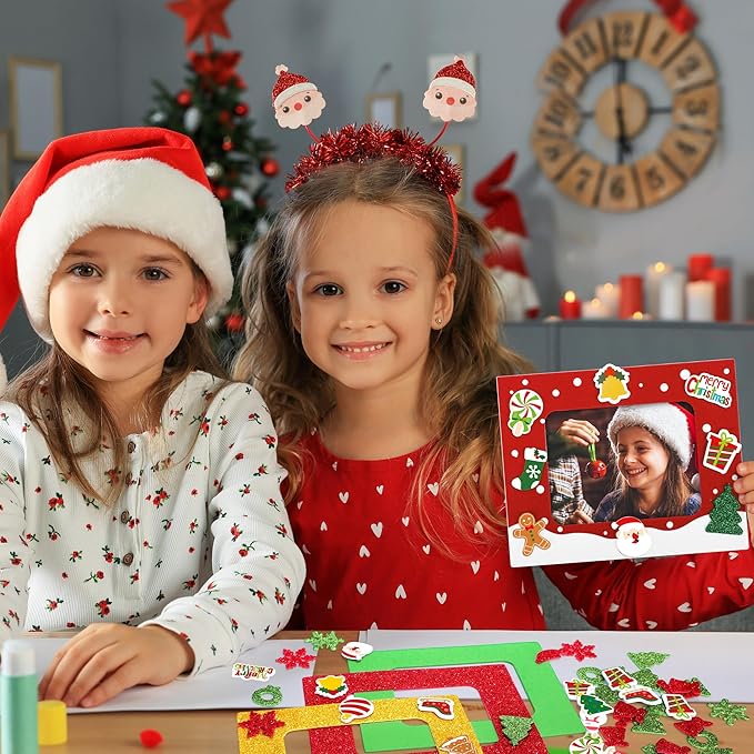 Fovths 24 Packs Christmas Foam Picture Frame Kits DIY Christmas Frame Crafts Picture Craft with 300 Self Adhesive Stickers for Xmas Party Favors Birthday Home Decor