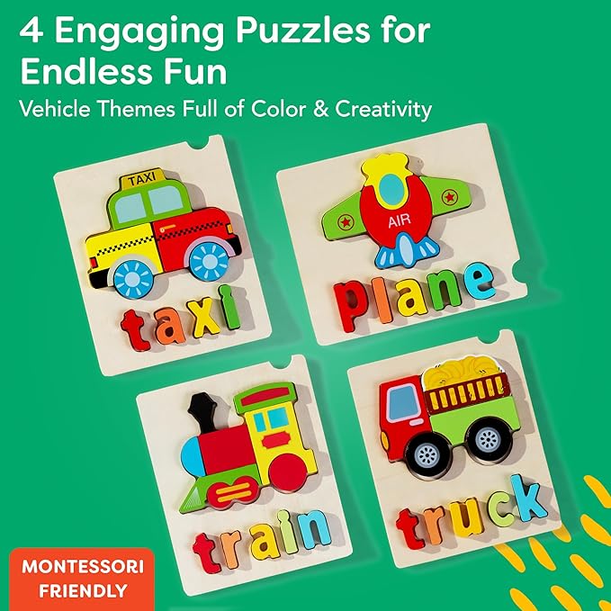 Montessori Wooden Puzzle for Toddlers – Educational Puzzles for Kids Ages 3-5, Fun Learning Toys for 3-Year-Olds, Fine Motor & STEM Development, Vehicle-Themed Gift for Preschoolers