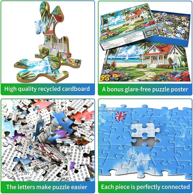 Jigsaw Puzzles for Adults 1000 Piece Puzzle for Adults 1000 Pieces Puzzle 1000 Pieces-Summer Beach Vacation -Surfing, Coconut Trees, Wooden Houses