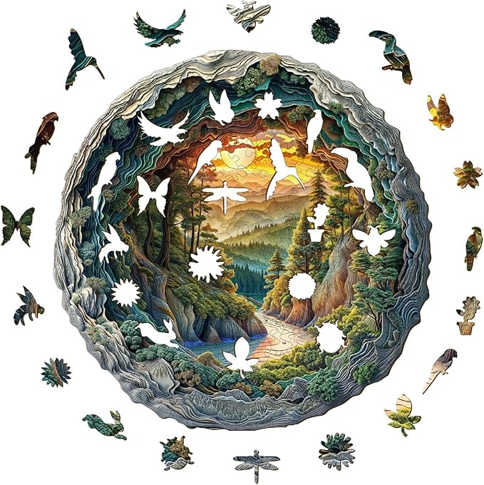 Wooden Puzzles, 3D Cave Forest Puzzle 300 Pieces, Unique Animal Shaped Wood Challenging Jigsaw Puzzles Ideal for Adults, 13.4x13.3in