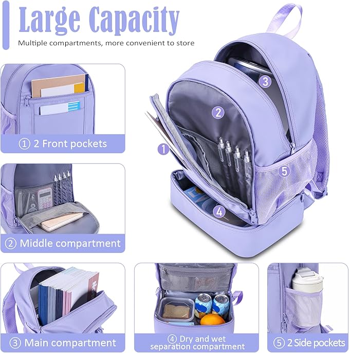 NOL Natural Organic Lifestyle Kids 2-in-1 Backpack & Insulated Lunch Bag-16"Multi-Functional Large Compartments Backpack for School & Travel, Double Deck,Water Resistant,Leak-proof,Padded-Light purple