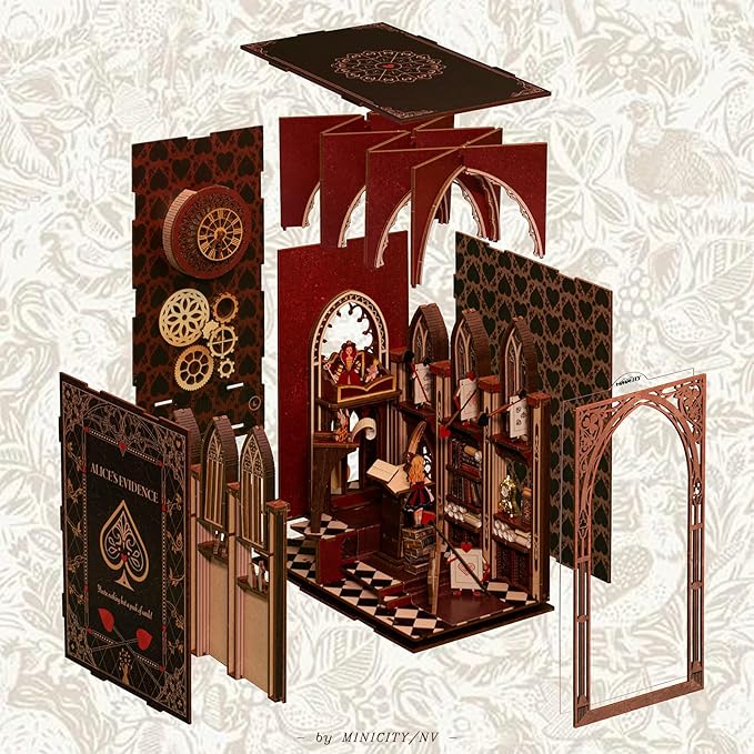 DIY Book Nook Kit for Adults, 3D Wooden Puzzle Bookend Bookshelf Insert Decor with LED Light and Dust Cover (Alice in Wonderland)