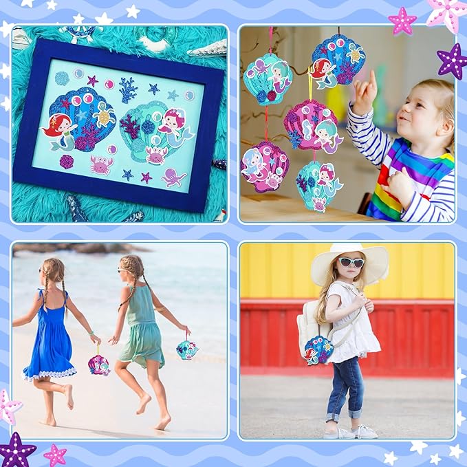Fennoral 8 Pack Mermaid Craft for Kids Creative Make Your Own Mermaid Shell Foam Stickers DIY Arts and Crafts for Kids Boys Girls Summer Art Activity Party Decoration Birthday Gifts