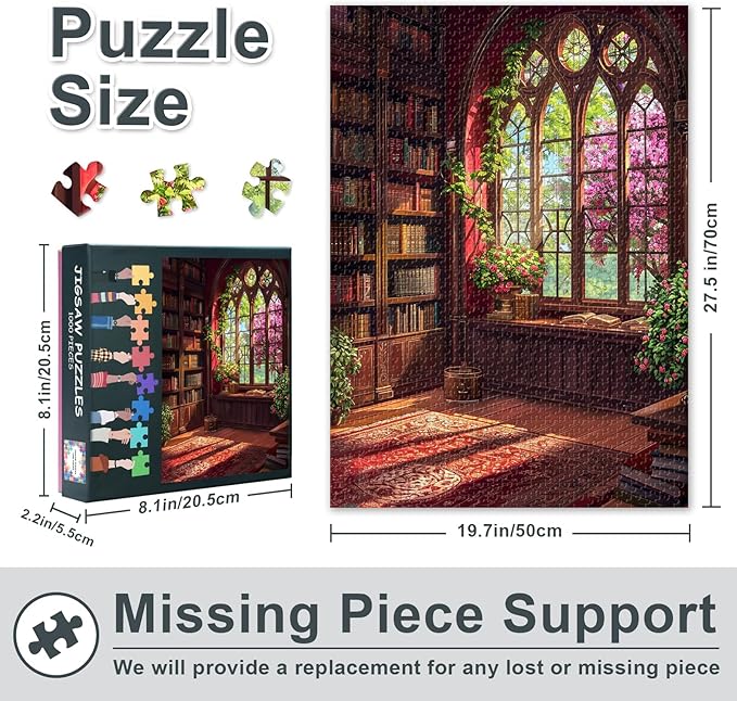 Fantasy Library 1000 Piece Puzzle for Adults, Jigsaw Puzzles 1000 Pieces Difficult and Challenge Bookshelf, 27.5x19.7 Inch Family Puzzle Game Night Gift & Home Decor (Blooming Pink Flowers)