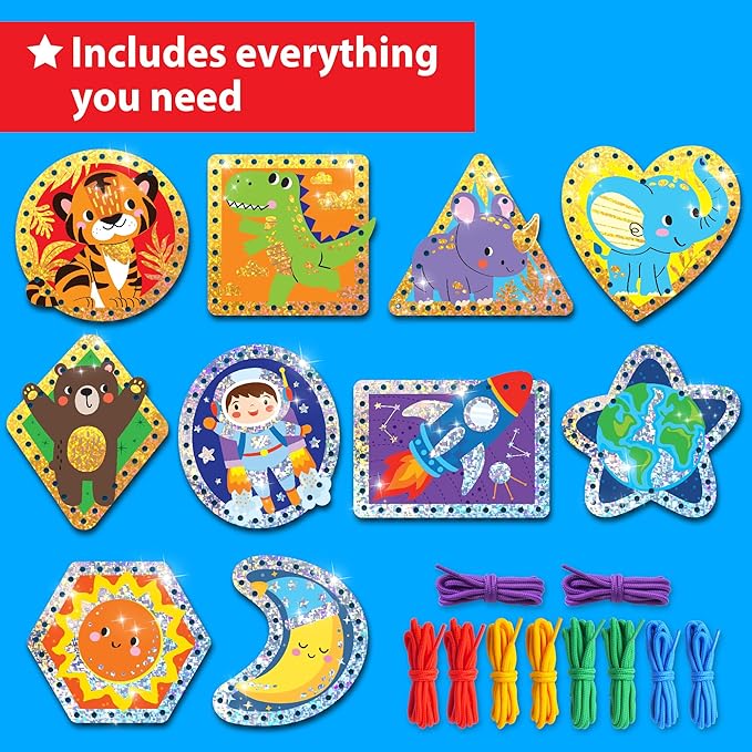 EZCRA Lacing Cards for Kids Ages 3-5 - 10 Pcs Animal and Space Theme with Colorful Laces - Craft Kit for Kids DIY Activity Set - Fine Motor Skills Toys and Preschool Learning Activities
