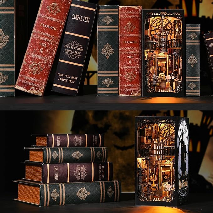 Book Nook Kit - Haunted Manor DIY 3D Wooden Puzzle for Adults, Horror Bookshelf Insert with LED Lights, Halloween Home Decor Gift,The Gothic Dark Family