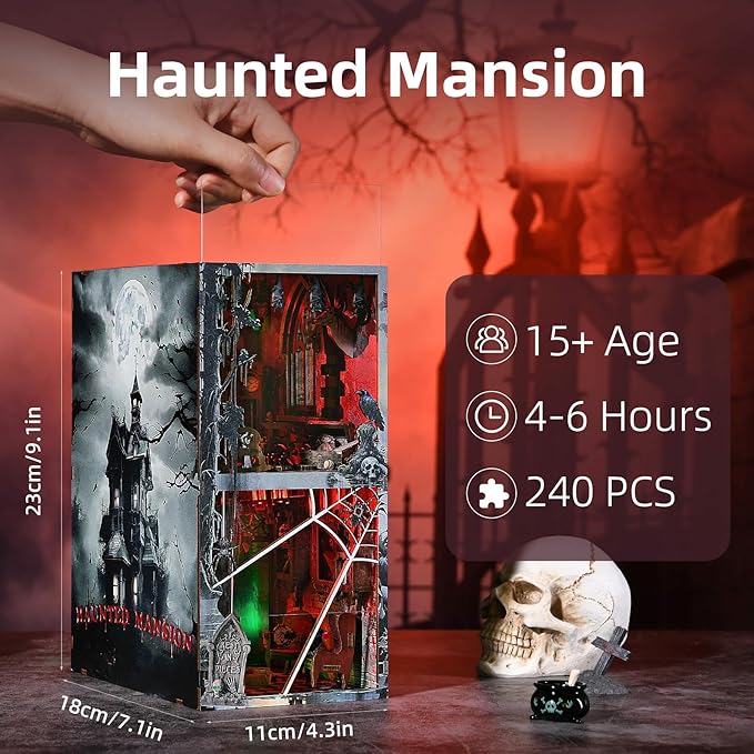 Haunted Mansion Book Nook Kit, Halloween DIY Miniature Dollhouse Kit, Miniature House Kit for Adults and Teens, Horror 3D Wooden Puzzle Bookend Bookshelf Insert Decor with LED Light
