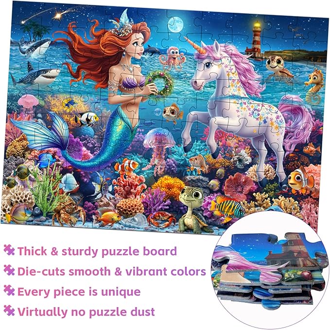 100 Piece Puzzles for Kids Ages 4-6-8, Mermaid and Unicorn Puzzles 100 Pieces for Kids, Underwater Scene Jigsaw Puzzle for Children Learning Educational Toys Gifts for Girls Boys