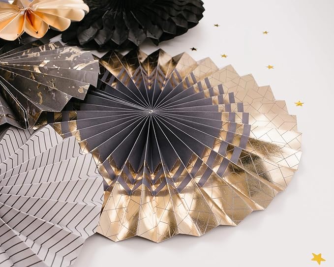 PapaKit Origami Wall Decoration Set (8 Assorted Round Paper Fans) Birthday Party New Year Graduation Events Decor | Creative Art Design Pattern (Charcoal & Gala Blue with Metallic Gold)