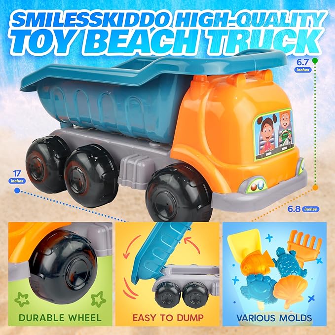 SMILESSKIDD Beach Toys for Toddlers 1-3, Kids Sand Toys Set with Beach Dump Truck, Sand Truck, Shovels, Molds - Outdoor Sandbox Play for Toddlers