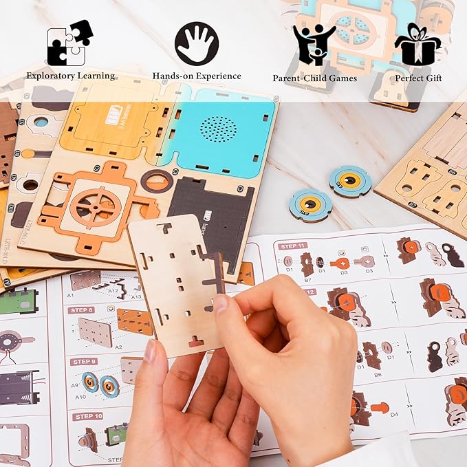 Kosmickiss 3D STEM Wooden Puzzles for Kids, 3D Wooden Models with Voice Recorder, Science STEM Building Kit Creative Craft Toys for Boys Girls Age 8-13 Years Education Birthday Gifts (Grunt Robot)