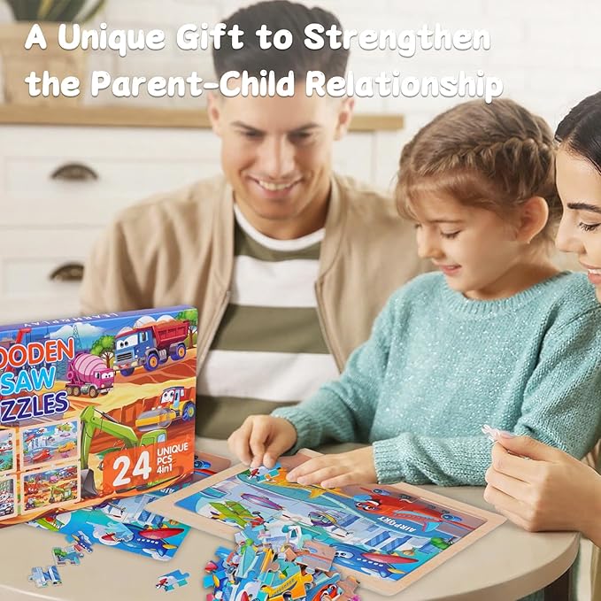 Wooden Jigsaw Puzzles for Kids Ages 3-6, 4 Pack with Vehicles Preschool Educational Toys, Toddler Puzzles Gift for 3 4 5 Year Old Boys Girls (Vehicles)