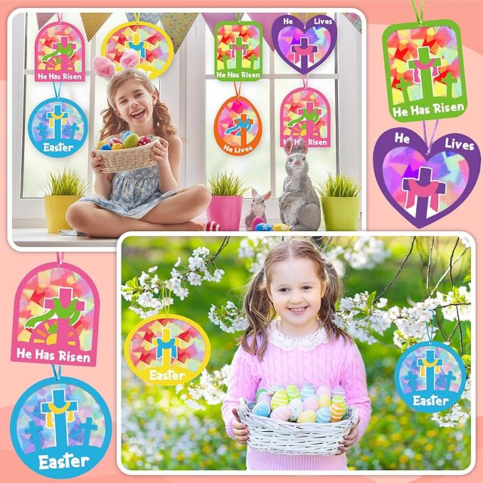 Qyeahkj 36 Set Easter Suncatchers Crafts for Kids DIY Resurrection Church Window Tissue Paper Crafts Kit He is Risen Hanging Decor for Religious Cross School Home Activity Art Project Favor Gift
