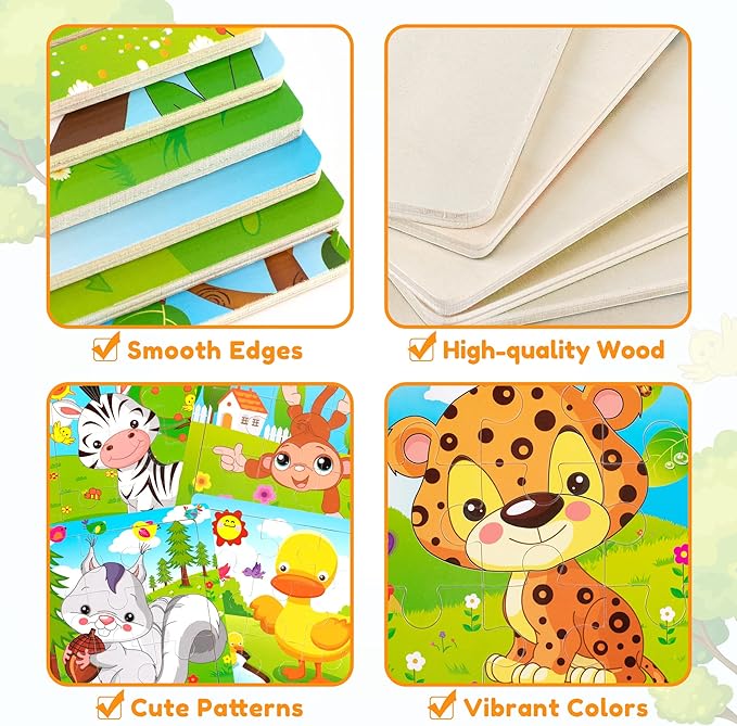 SYNARRY 6 Pack Wooden Jigsaw Puzzles for Kids Ages 3-5 Years Old, 9 Pieces Toddlers Animal Puzzles, Educational Preschool Learning Toys for Children Boys and Girls, Best Kids Puzzle Toys & Gifts