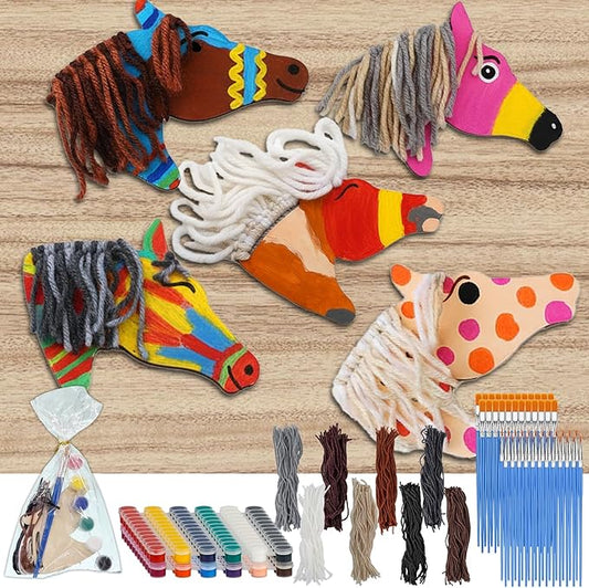 Horse Party Favors Birthday Supplies,24 Pcs Wooden Horse Craft Painting Kit,Unicorn Ornament,DIY Cowboy Craft Gift Tags,Unfinished Wooden Cutouts(25 Gift Bags + 48 paintbrushes)