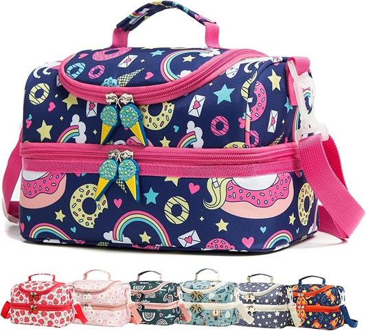 Insulated Kids Dual Compartment Lunch Bags Tote for Girls Boys Lunch Boxes Pre-School Toddler Kindergarten Picnic Camp Food Cooler Thermal with Strap