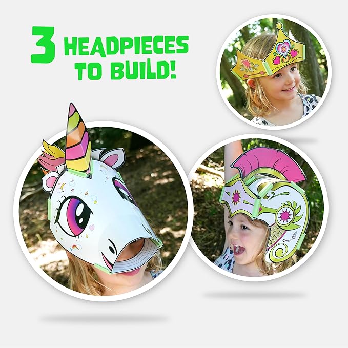 JUNKO Fantasy Headpieces Craft Kit – Build & Color Unicorn, Princess Crown & Warrior God – Ages 6–10 – Recycled, Reusable – Creative Parent-Child Activity