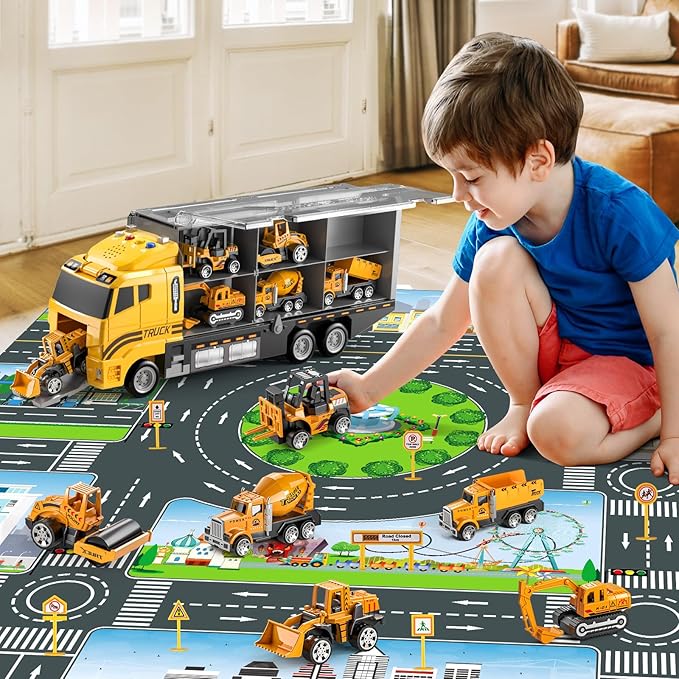 Toddler Boys Construction Truck Vehicle Toy Set with Play Mat and Die-Cast Toy Car, Transport Carrier Truck for Kids 3-5, Birthday Gifts Toys for 3-8 Year Old Boys