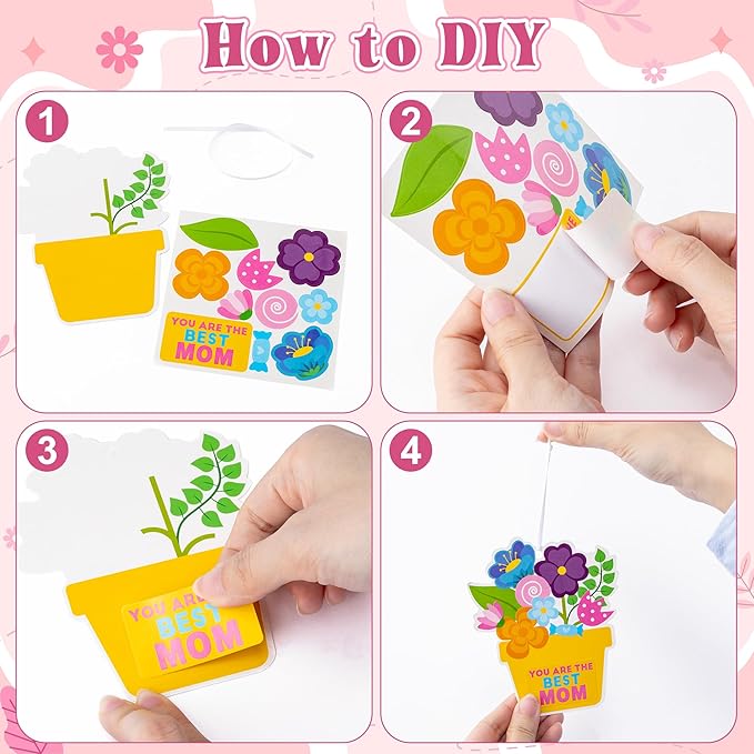 ANGOLIO Mother's Day Craft Kit for Kids - 40Sets Mother's Day Flowers DIY Paper Craft Kit Make Your Own Flower Pot Hanging Ornaments with Floral Stickers for Mom Ladies Classroom DIY Art Activities