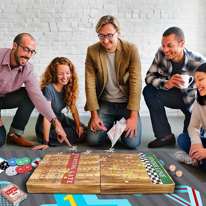 MerryPony 21 Inches Large Horse Racing Game with 11 Metal Horses, Foldable Solid Wood Horse Race Board Game with 100 Pcs Poker Chips 2 Dice and 2 Pack of Cards for Family Friends Camping Party