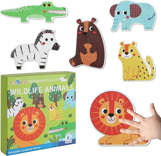 FLYINGSEEDS 6 Packs Wooden Jigsaw Puzzles for Toddlers, Wildlife Animals Shaped Puzzles for Beginners Ages 1-3, Montessori Learning Toys Preschool Educational Activity for Kids Ages 2-5
