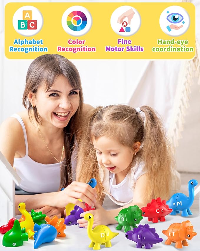 26PCS Dinosaur Alphabet Learning Toys for Toddlers Kids 3-5, Montessori Educational Toys Gifts for 3 4 5 Year Old Boy Girl, Preschool Learning Activities, Double Sided ABC Matching Game